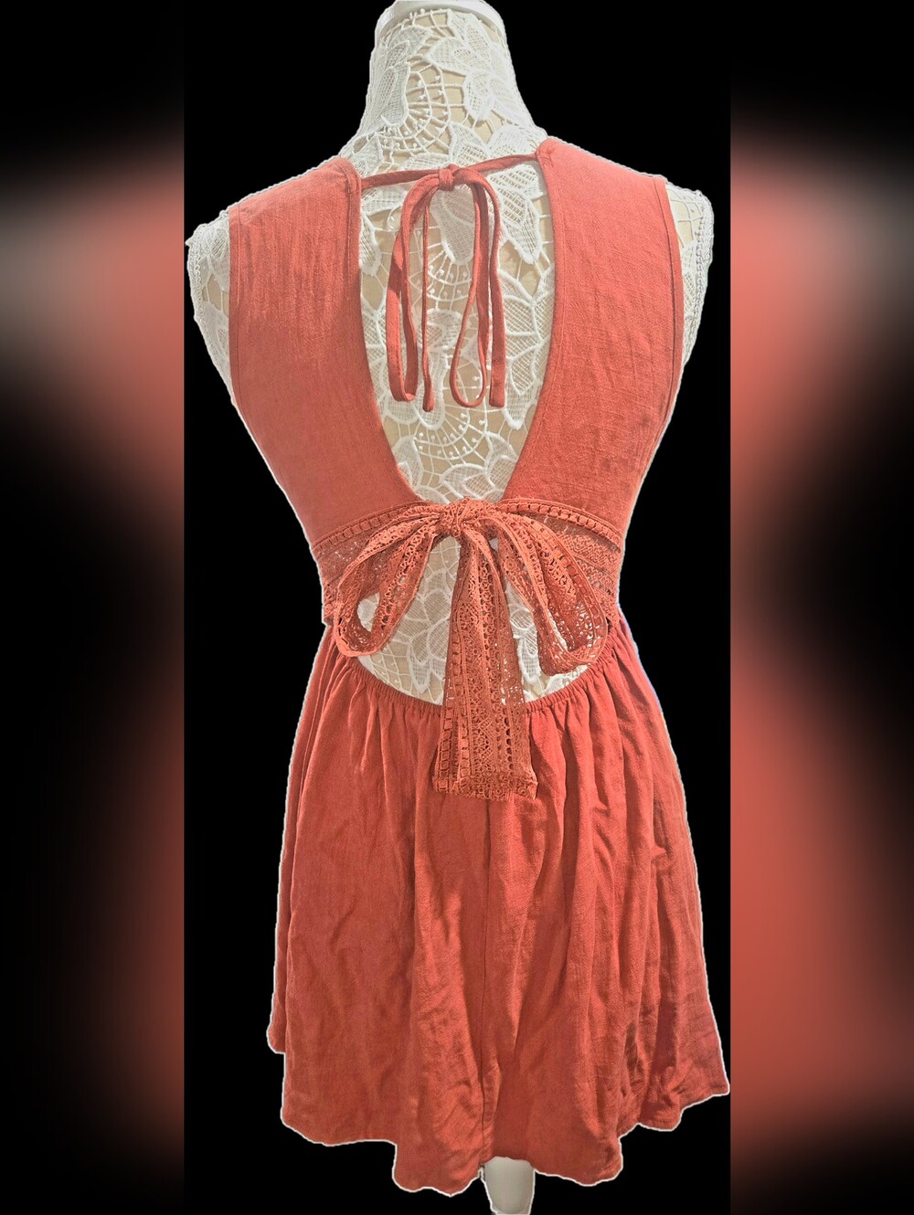 Small Bohemian Rust Crochet Tie-Back Halter Dress